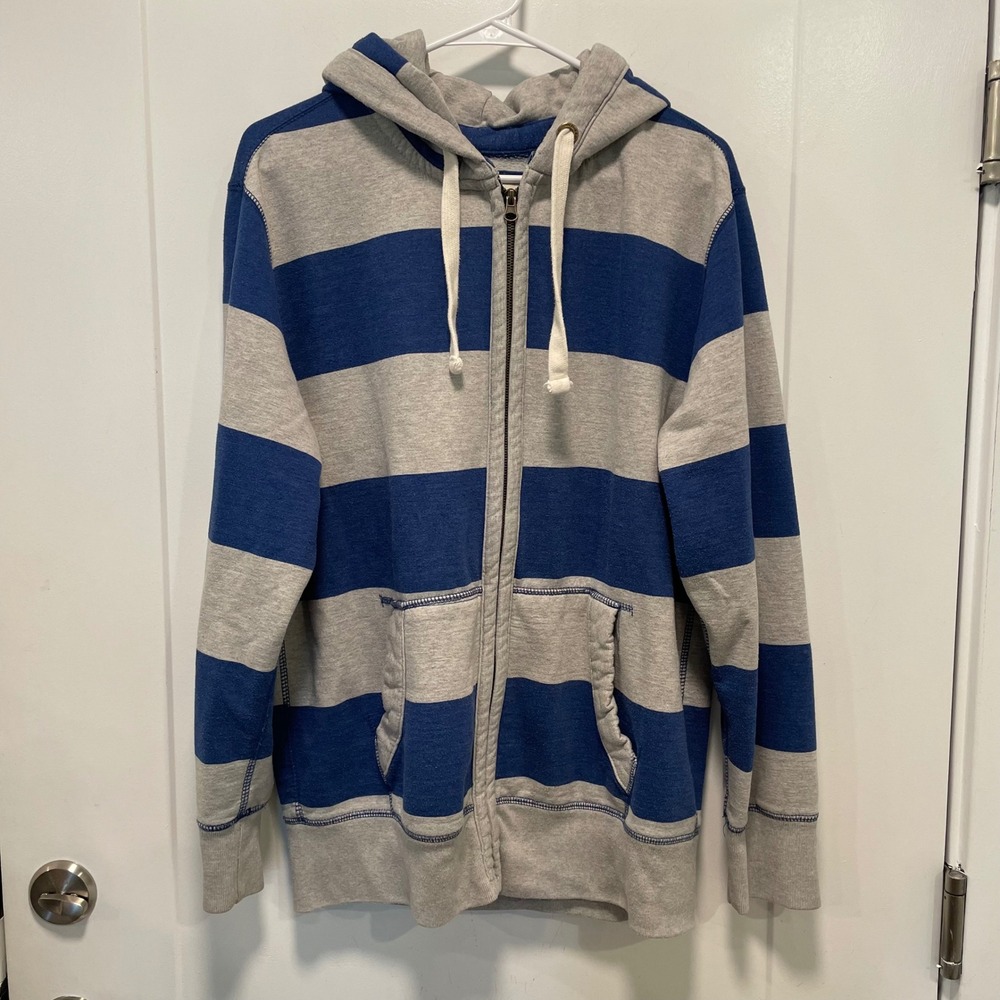Roebuck & Co Mens Blue Gray Striped Full Zip Hoodie Sweatshirt Size Medium
